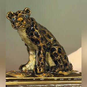 Elegant Gold and Brown enamel with crystals Serval Wild Cat Trinket Box